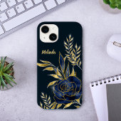 Monogram für Navy Blue Rose Gold Blätter Case-Mate iPhone Hülle