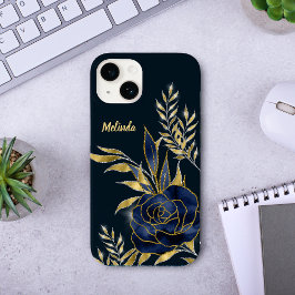 Monogram für Navy Blue Rose Gold Blätter Case-Mate iPhone 14 Hülle