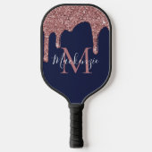 Monogram für Navy Blue Rose Gold Glitzer Tropfen Pickleball Schläger (Vorderseite)