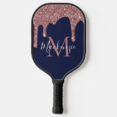 Monogram für Navy Blue Rose Gold Glitzer Tropfen Pickleball Schläger (Rückseite)