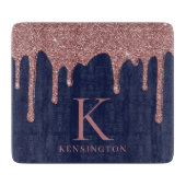 Monogram für Navy Blue Rose Gold Glitzer Tropfen Schneidebrett (Vorderseite)
