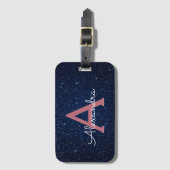 Monogram für Navy Blue & Rose Gold Sparkle Glitzer Gepäckanhänger (Vorderseite Vertikal)