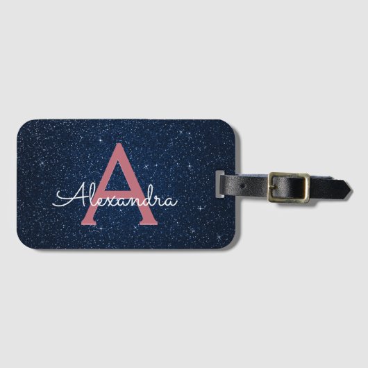Monogram für Navy Blue & Rose Gold Sparkle Glitzer Gepäckanhänger (Vorderseite (Horizontal))