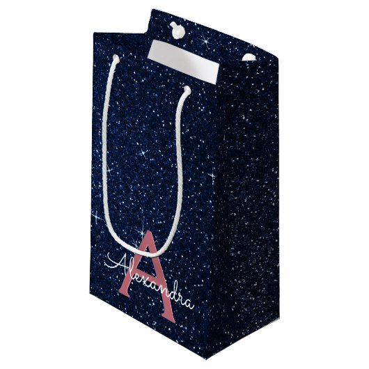 Monogram für Navy Blue & Rose Gold Sparkle Glitzer Kleine Geschenktüte (Vorderseite Schrägansicht)
