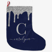 Monogram für Navy Blue Silver Sparkle Glitzer Trop Großer Weihnachtsstrumpf (Vorderseite)