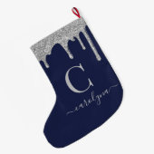 Monogram für Navy Blue Silver Sparkle Glitzer Trop Großer Weihnachtsstrumpf (Rückseite (Hängend))