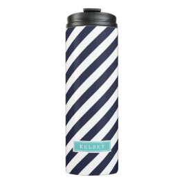 Monogram für Navy Blue und Turquoise Preppy Strips Thermosbecher