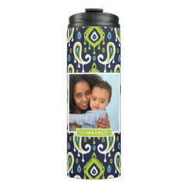 Monogram für Navy und Green Ikat Paisley Custom Fo Thermosbecher