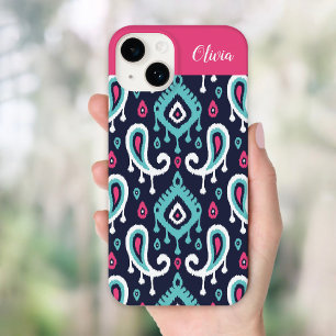Monogram für Navy und Pink Ikat Paisley Case-Mate iPhone 14 Hülle