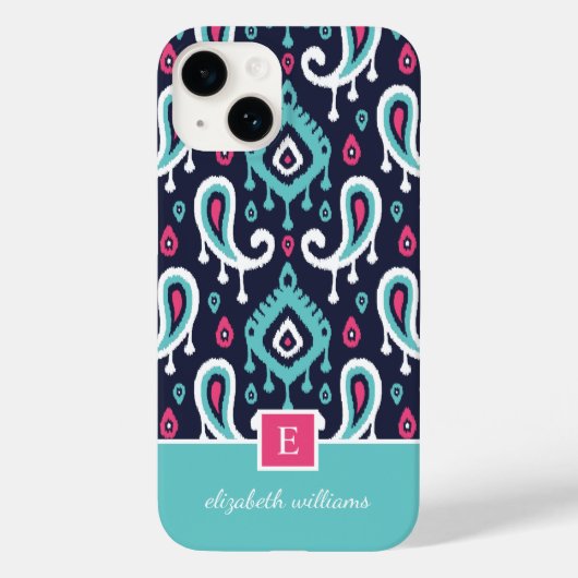 Monogram für Navy und Pink Ikat Paisley Case-Mate iPhone Hülle (Rückseite)