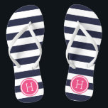 Monogram für Navy und Pink Preppy Strips Badesandalen<br><div class="desc">Maßgeschneiderte,  bedruckte Flop-Sandalen mit einem preppy-nautical-Stripe-Muster und einem eigenen Monogramm oder einem anderen Text in einem Circle-Rahmen. Klicken Sie auf Anpassen,  um Schriftart und Farben zu ändern oder eigene Bilder hinzuzufügen,  um ein einzigartiges Design zu erstellen!</div>