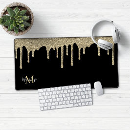 Monogram für Schwarz-Gold-Sparkle-Glitzer-Tropfen Schreibtischunterlage