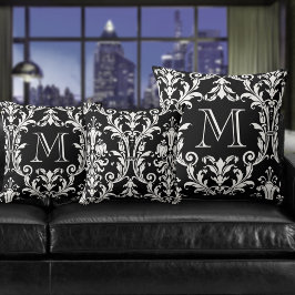 Monogram für Schwarz-Weiß-Damask-Wirbel Kissen