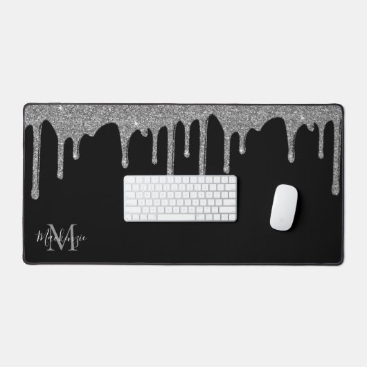 Monogram für Sparkle-Glitzer-Tropfen in Schwarz-Si Schreibtischunterlage (Tastatur & Maus)