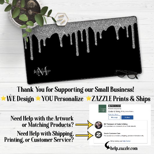 Monogram für Sparkle-Glitzer-Tropfen in Schwarz-Si Schreibtischunterlage