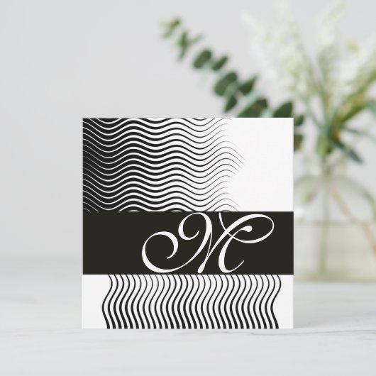 MONOGRAM FÜR STYLISCH-WELLEN, schwarz-weiß Einladung (Stehend Vorderseite)