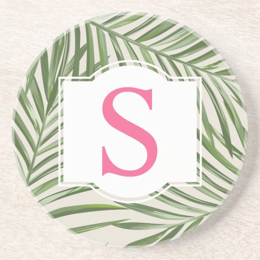 Monogram für tropisch rosa grüne Palm-Blätter Getränkeuntersetzer (Vorne)