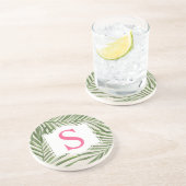 Monogram für tropisch rosa grüne Palm-Blätter Getränkeuntersetzer (Seite)