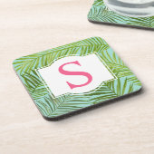 Monogram für tropisch rosa grüne Palm-Blätter Getränkeuntersetzer (Linke Seite)