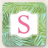 Monogram für tropisch rosa grüne Palm-Blätter Getränkeuntersetzer (Vorderseite)