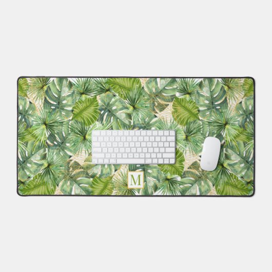 Monogram für tropische Wasserfarbenpalme-Blätter Schreibtischunterlage (Tastatur & Maus)