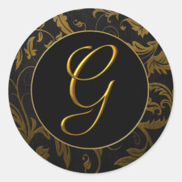 Monogram G Gold and Black Damask Wedding Siegel Runder Aufkleber