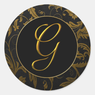 Monogram G Gold and Black Damask Wedding Siegel Runder Aufkleber