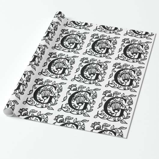 Monogram G Initial Black and White Floral Pattern Geschenkpapier (Ungerollt)