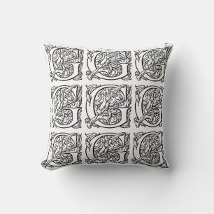 Monogram G Initial Black and White Floral Pattern Kissen