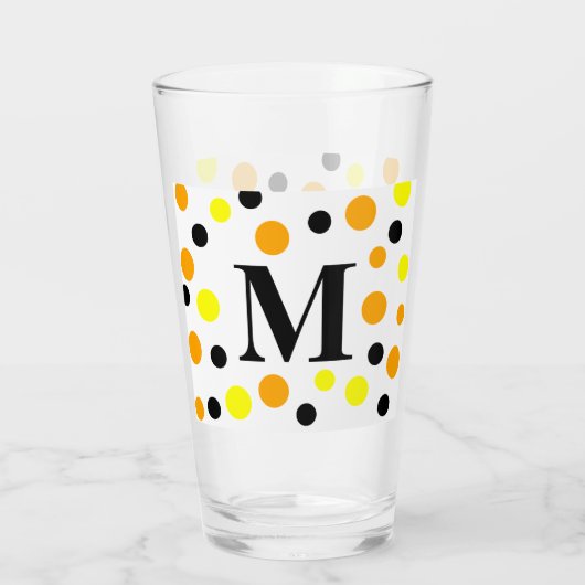 Monogram, gelb-orange schwarze Polka-Punkte Glas (Rückseite)