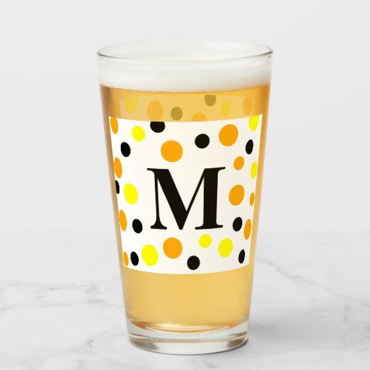 Monogram, gelb-orange schwarze Polka-Punkte Glas (Vorne (Gefüllt))