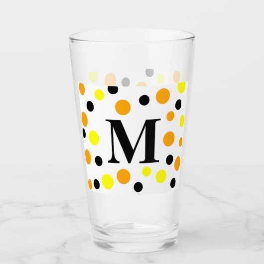 Monogram, gelb-orange schwarze Polka-Punkte Glas (Vorderseite)