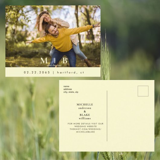 Monogram Gelbes Foto Hochzeit Speichern Sie das Da Postkarte