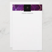 Monogram Geode Dark Lila Black Abstrakt Agate Briefpapier (Vorne/Hinten)