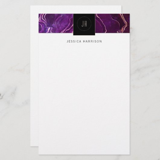 Monogram Geode Dark Lila Black Abstrakt Agate Briefpapier (Vorne/Hinten)