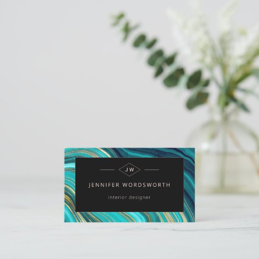 Monogram Geode Green Agate Malachite QR Code Visitenkarte (Stehend Vorderseite)