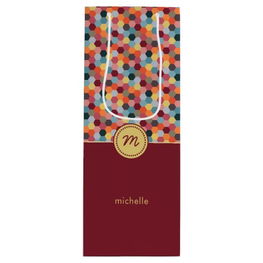 Monogram Geometric Burgundy Hexagon Wine Gift Bag Geschenktüte Für Weinflaschen (Vorderseite)