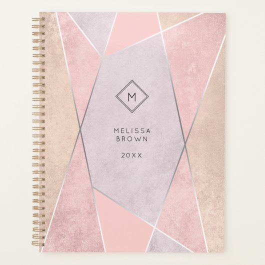 Monogram Geometric Trendy Rose Gold Pink Silver Planer (Vorderseite)