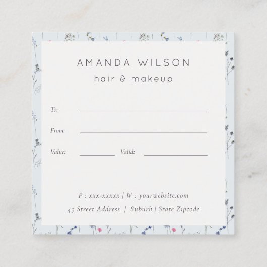 Monogram-Geschenkgutschein für die Blaue Wildblume Quadratische Visitenkarte (Rückseite)