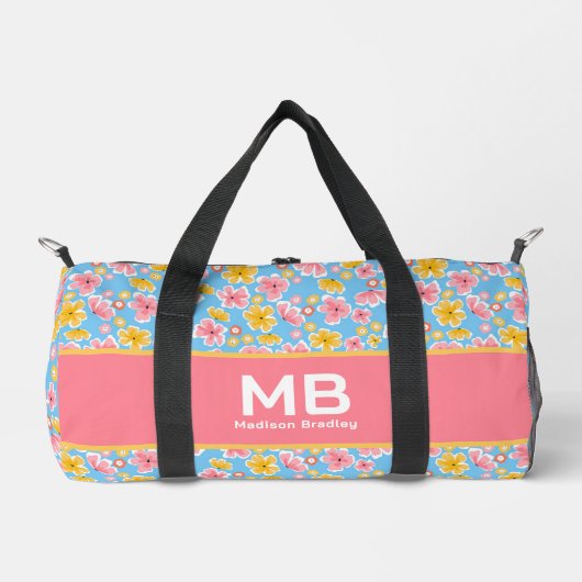 Monogram Girl Floral Pink Blauer Personalisierter Duffle Bag (Vorderseite)