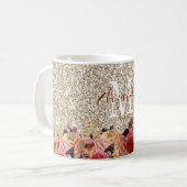 Monogram Girl Rose Gold Floral Light Gold Glitzer Kaffeetasse (Vorderseite Links)