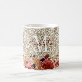 Monogram Girl Rose Gold Floral Light Gold Glitzer Kaffeetasse