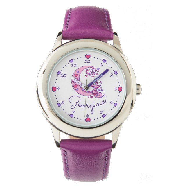 Monogram Girls G doodle Herzkunst Uhr (Vorderseite)