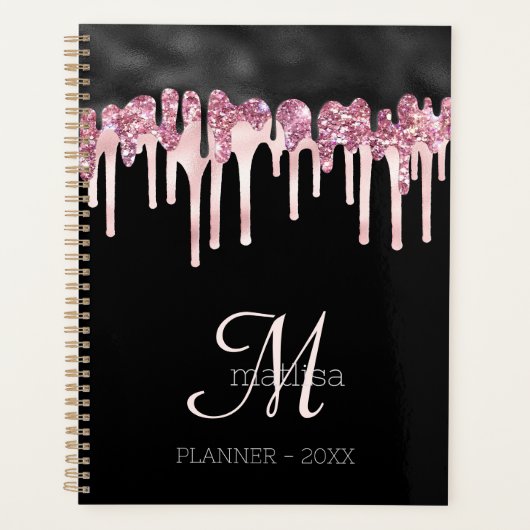 Monogram Girly Black & Pink Dripping Glitzer Glam Planer (Vorderseite)