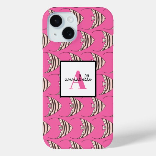 Monogram Girly Pink Fish Muster Personalisiert Case-Mate iPhone Hülle (Rückseite)