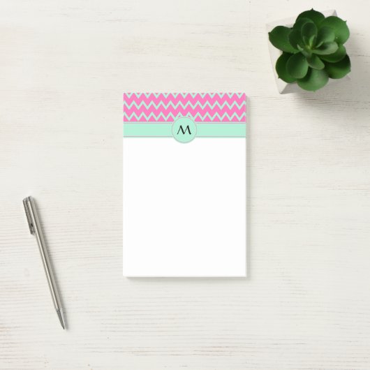 Monogram Girly Pink und Green Zigzag Muster Post-it Klebezettel (Büro)