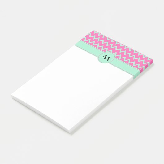 Monogram Girly Pink und Green Zigzag Muster Post-it Klebezettel (angewinkelt)