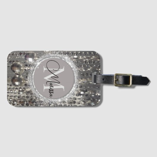 Monogram Glittery Silver Streichperlen Gepäckanhänger (Vorderseite (Horizontal))