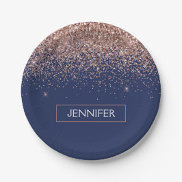 Monogram Glitzer Blush Pink Rose Gold Navy Blue Pappteller
