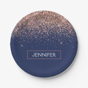 Monogram Glitzer Blush Pink Rose Gold Navy Blue Pappteller